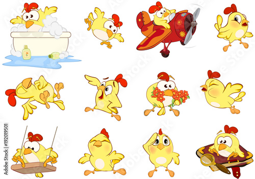 Set of Cute Chickens in Different Poses for you Design. Cartoon Character
