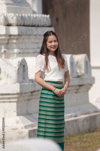 beautiful woman thai traditional culture, Asian woman wearing traditional Thai culture at countryside