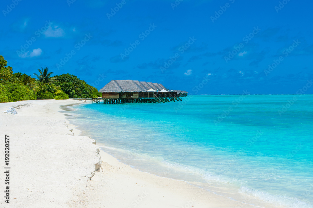 Fototapeta premium Beautiful sandy beach and over water tropical bungalo