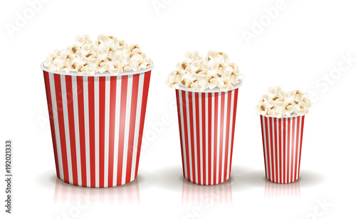 Vector set of full red-and-white striped popcorn buckets in different sizes. Realistic illustration. Big, middle, small portions of popcorn. Cardboard or paper buckets. Cinema snack or movie food.