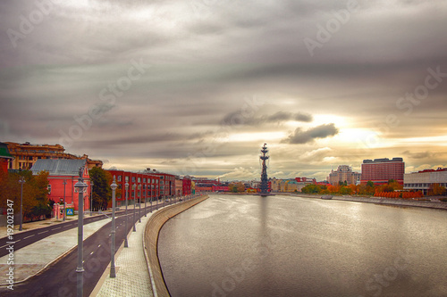 Russia. Moscow. Panorama of the city. Nice view of the Monument to Peter the Great and the river embankment.
