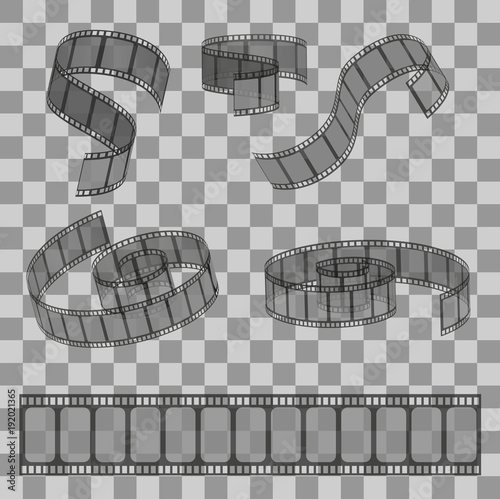 Set of rolled filmstrip rolls. Group of realistic movie and cinema elements or objects on the transparent effect background.