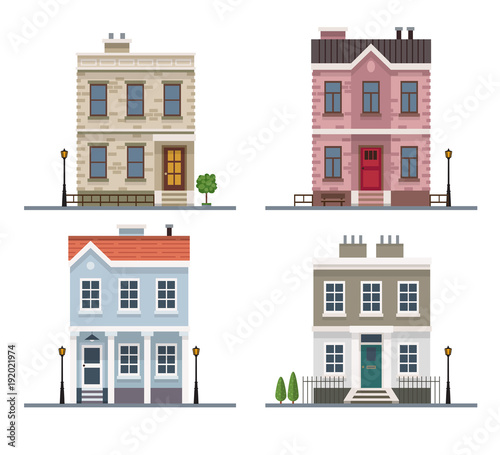 Set of 4 different residential town houses - urban architecture. Vector illustration in flat style, isolated on white background