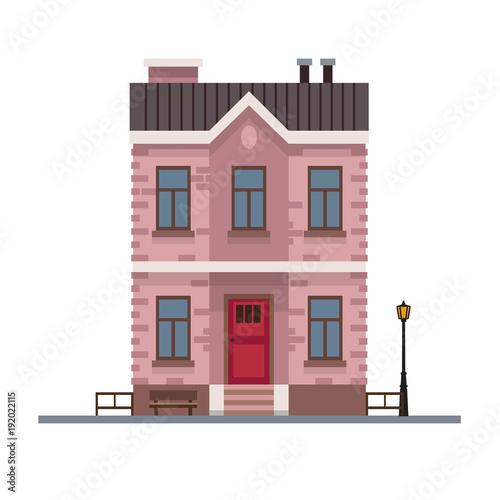 Urban architecture - small town house, two story building in flat style. Vector illustration design template