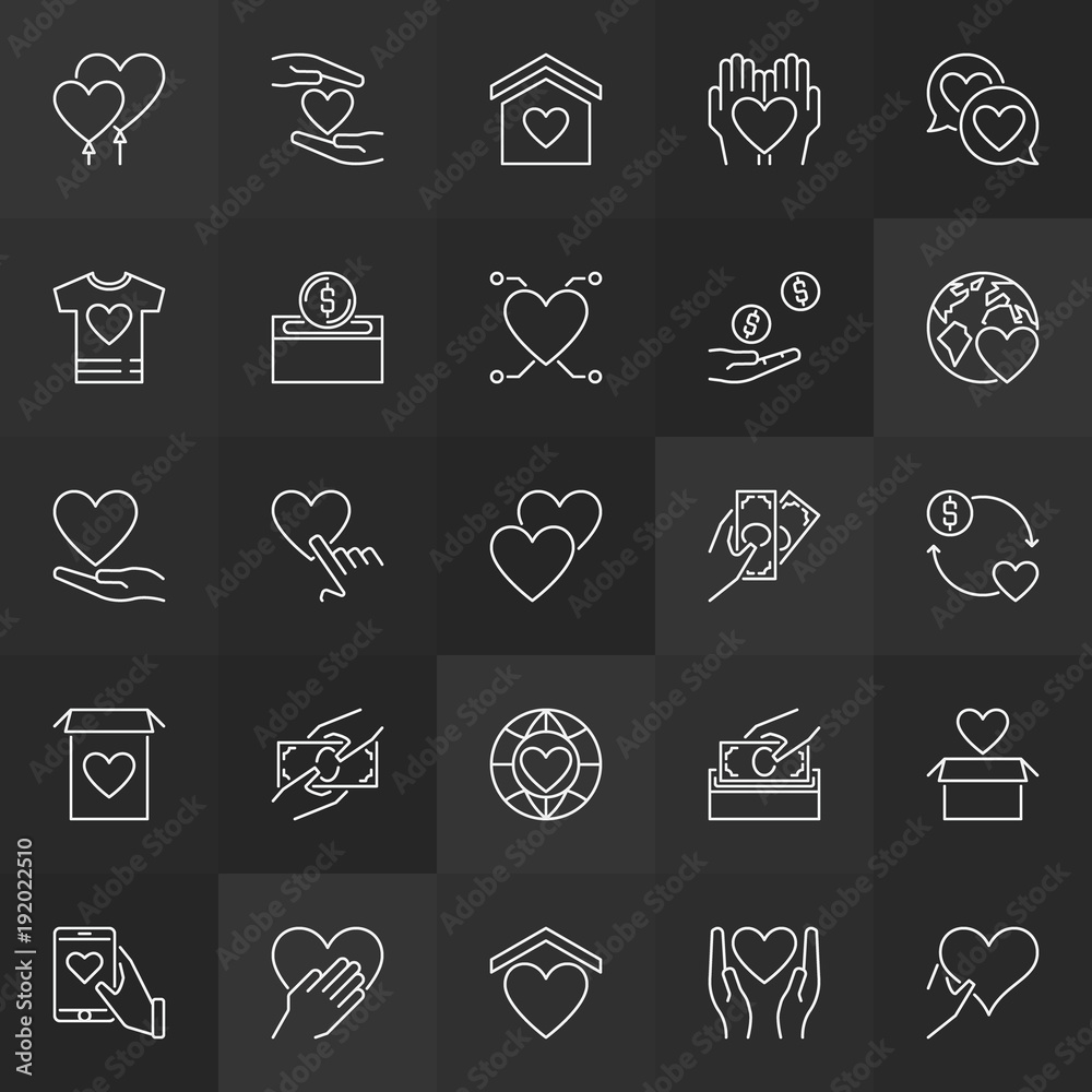 Charity and donation outline icons. Vector donate linear signs
