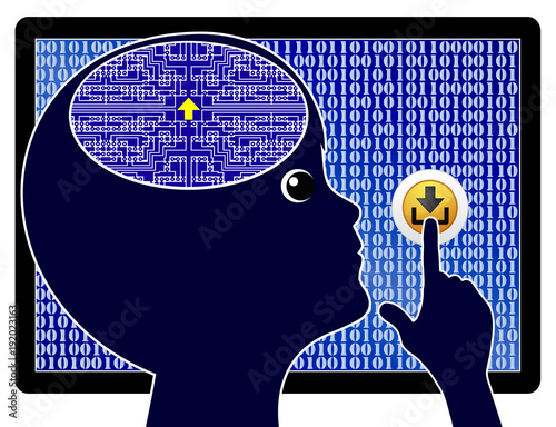 Digital Child updates his Brain. Futuristic vision of a computer kid who downloads the required knowledge