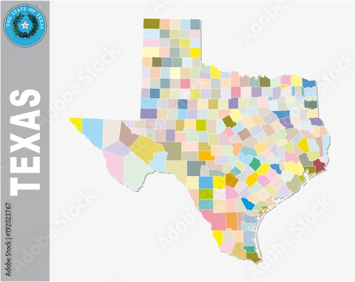 colored administrative and political vector map of us federal state texas with seal