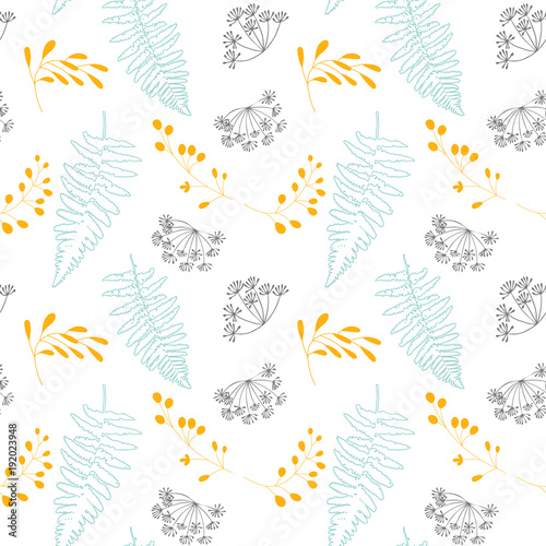Vector botanical seamless pattern with  stylized berries  fern leaves and dill flowers.
