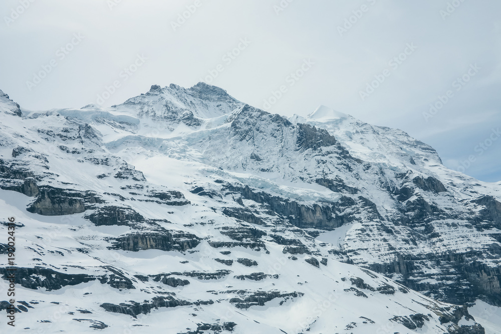 View on the peak of  the biggest glacier of jungfrau. Bernese Oberland, Switzerland. Swiss Alps