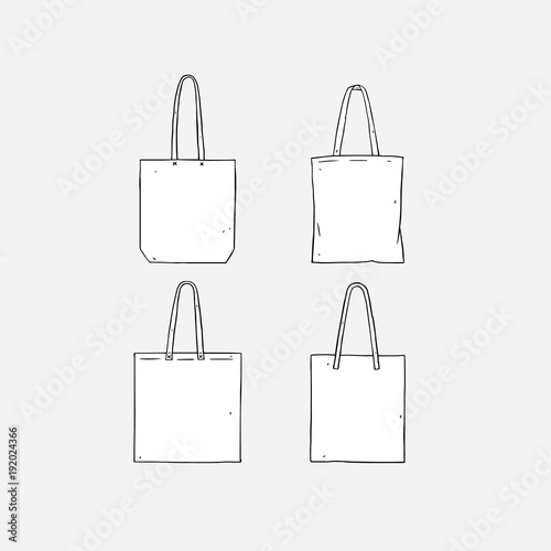 Hand drawn vector illustration of blank white tote bag on white background.
Template fabric bag.canvas shopping bags.mock up.