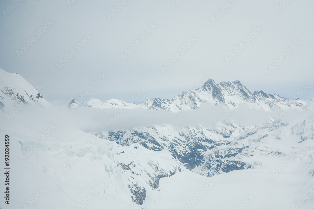 View on the peak of  the biggest glacier of jungfrau. Bernese Oberland, Switzerland. Swiss Alps