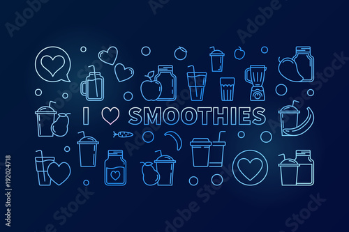 I Love Smoothies blue outline vector horizontal banner