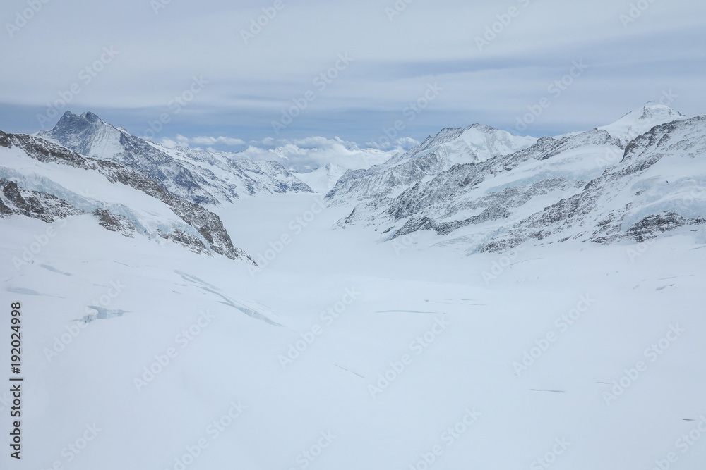 Obraz premium View from the jungfrau mountain summit towards the Aletsch glacier. Bernese Oberland, Switzerland. Swiss Alps