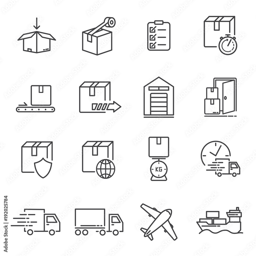 Set of transportation and delivery line icon. editable stroke. vector illustration.