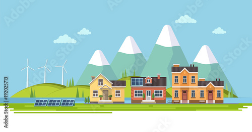 Green energy - city view with residential houses and landscape, wind power plant, solar panels. Vector illustration in flat style, graphic design template