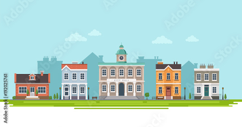 Tableau sur toile City view with city hall and small residential houses with landscape