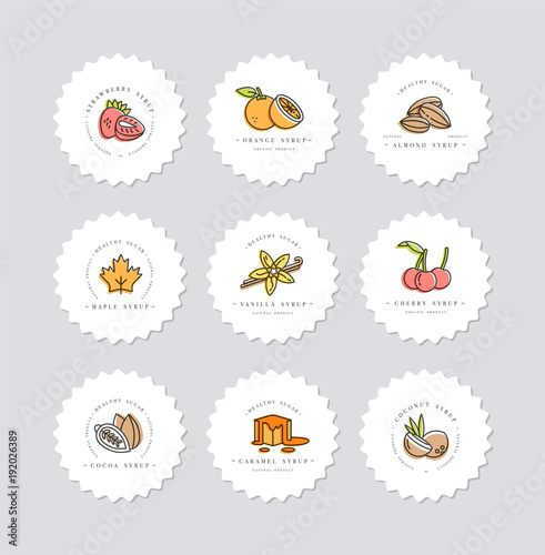 Vector set design colorful templates logo and emblems - syrups and toppings. Food icon. Logos in trendy linear style isolated on white background.