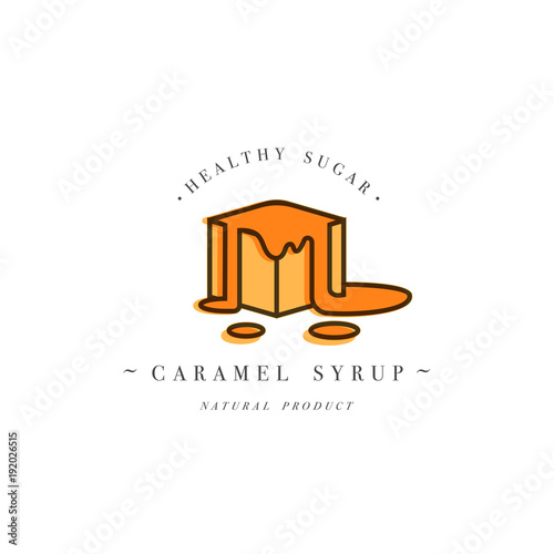 Packaging design template logo and emblem - syrup and topping - piece of sweet caramel. Logo in trendy linear style.