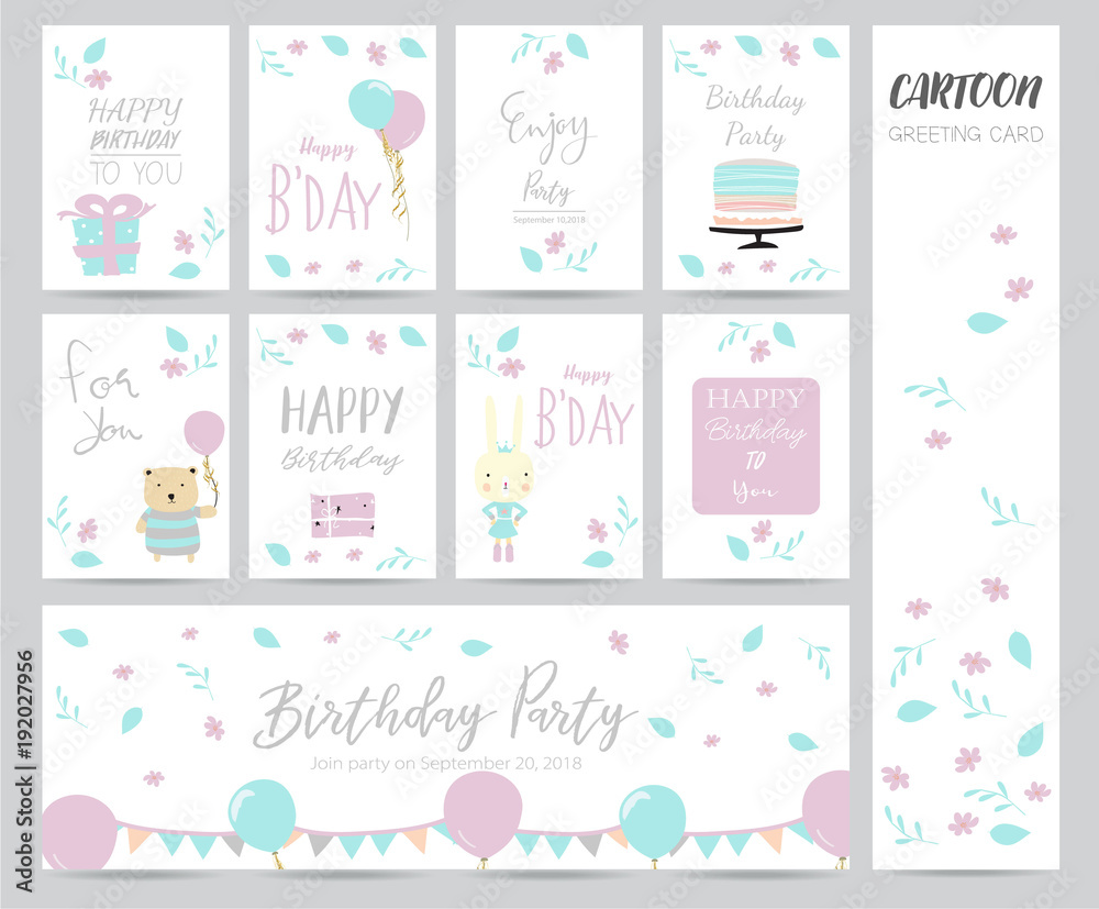 Blue pink pastel greeting card with cake,bear,flower and gift Blue pink pastel greeting card with cake,bear,flower and gift