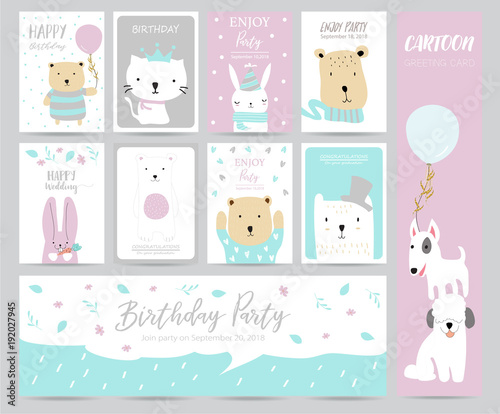 Blue pink pastel greeting card with rabbit,bear,cat and dog photo