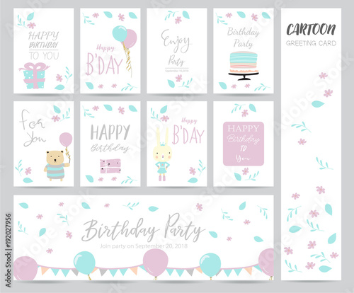 Blue pink pastel greeting card with cake,bear,flower and gift