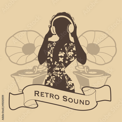 Silhouette of DJ woman retro style with headphones and gramophones on the background