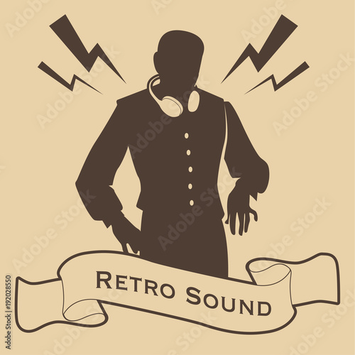 Silhouette of DJ retro style with headphones and banner or ribbon in the foreground