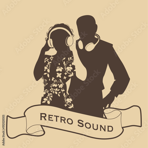 Silhouette of DJ couple retro style with headphones and ribbon on the foreground