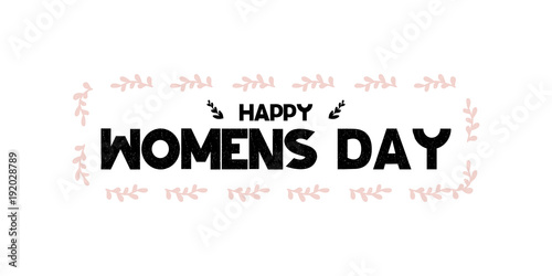 Card with calligraphy lettering happy womens day. Vector illustration in scandinavian style with bouqets and hearts isolated on white background. Can be used as card, postcard, gift, poster, banner