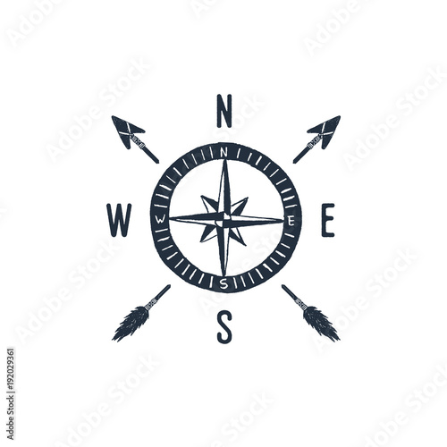 Hand drawn travel badge with compass rose textured vector illustration.