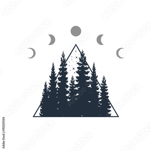 Hand drawn travel badge with fir trees textured vector illustration.