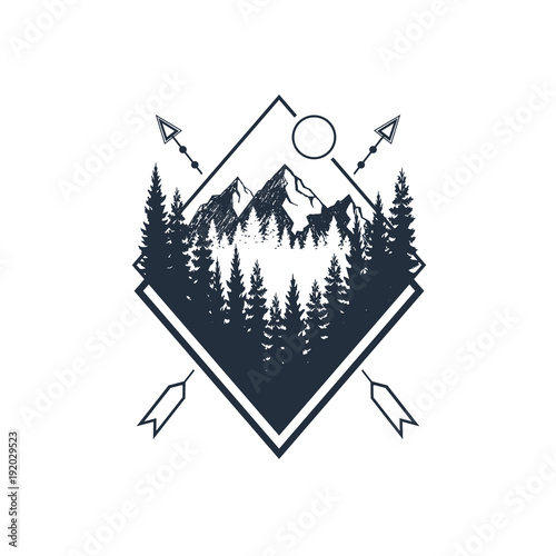 Hand drawn travel badge with fir trees and mountains textured vector illustrations.