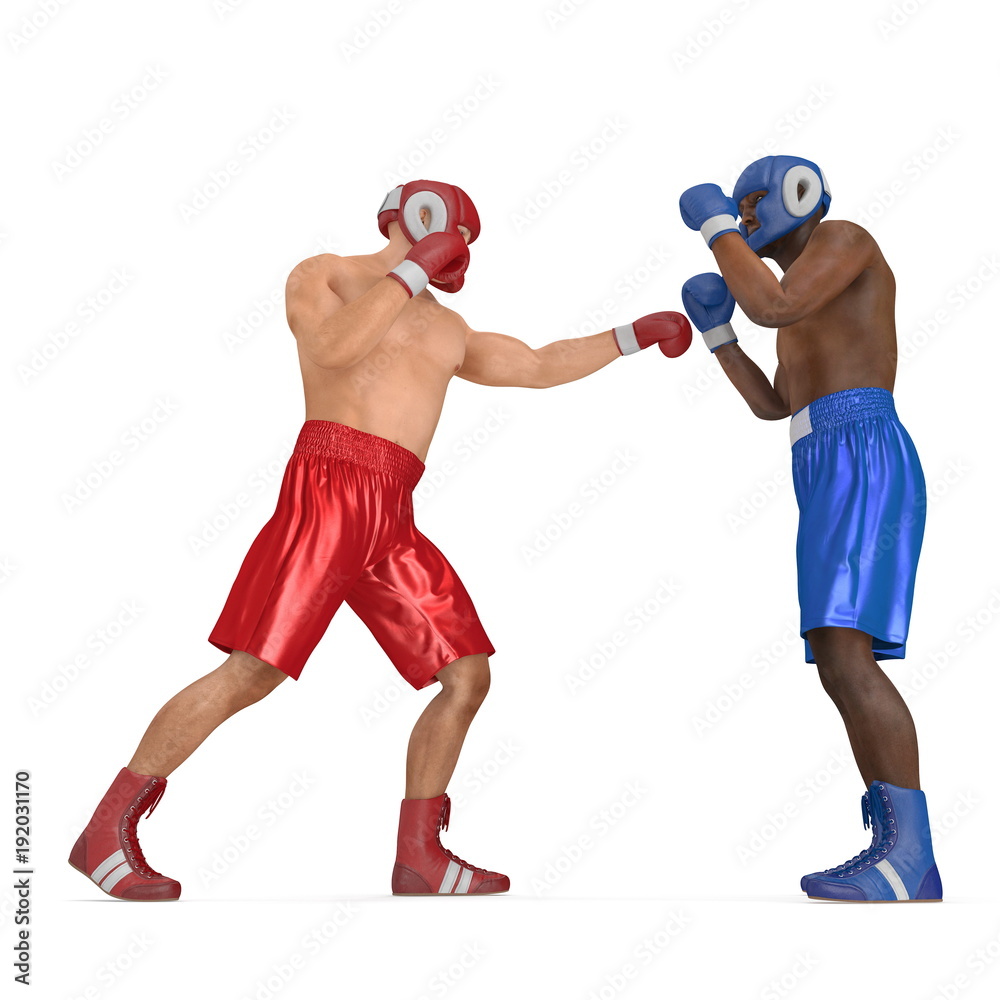 Two male boxers fighting on white. 3D illustration