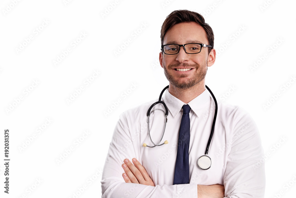 smart handsome bearded medical doctor in glasses with Stethoscope to listen to your heart isolated on white background smart handsome bearded medical doctor in glasses with Stethoscope to listen to your heart isolated on white background