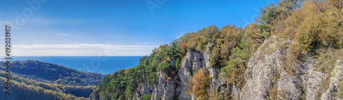 Eagle rocks against the background of the Black Sea. Sochi National Park, Russia.