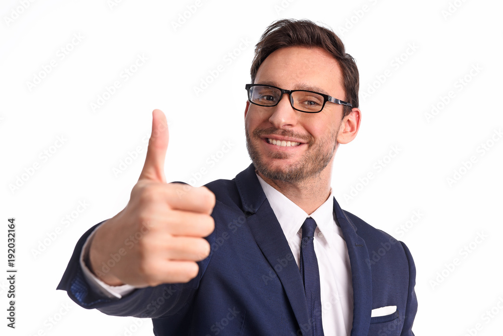 Handsome bearded businessman in office suit and tie isolated on white background. Smart Professional bank manager in glasses is smiling with joy, he loves his job Handsome bearded businessman in office suit and tie isolated on white background. Smart Professional bank manager in glasses is smiling with joy, he loves his job