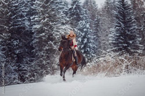 Close-up of girl rider riding gallop on horse through winter forest. Racing in snow.
