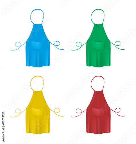 Set of the blank colorful kitchen aprons. Collection of protective garments. Blue, green, yellow and red aprons isolated on the white background.