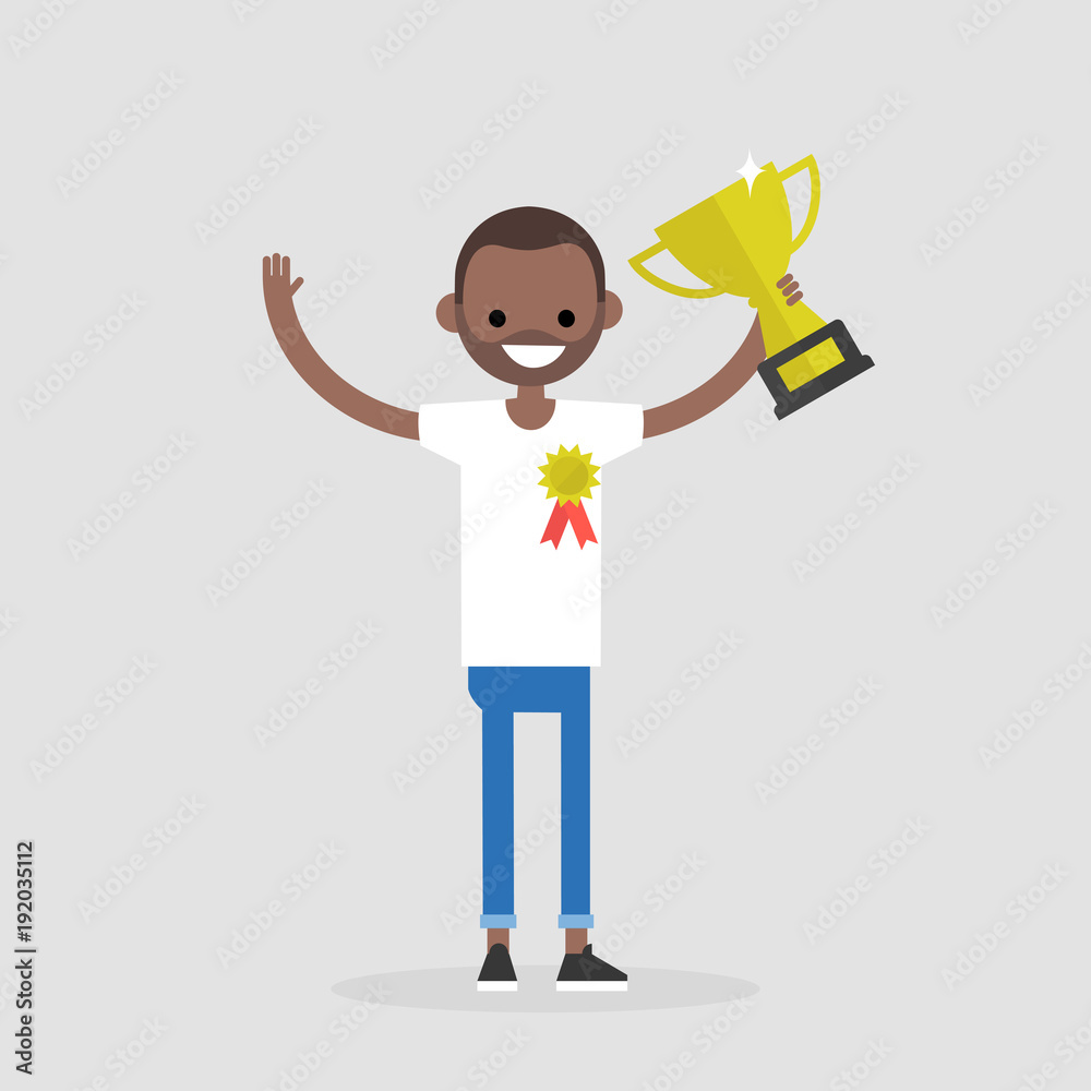 Awards ceremony. Young black successful character wearing an award badge  and holding a champion cup. Achievement. Flat editable vector illustration,  clip art Stock Vector | Adobe Stock