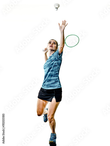 one caucasian young teenager girl woman playing Badminton player isolated on white background