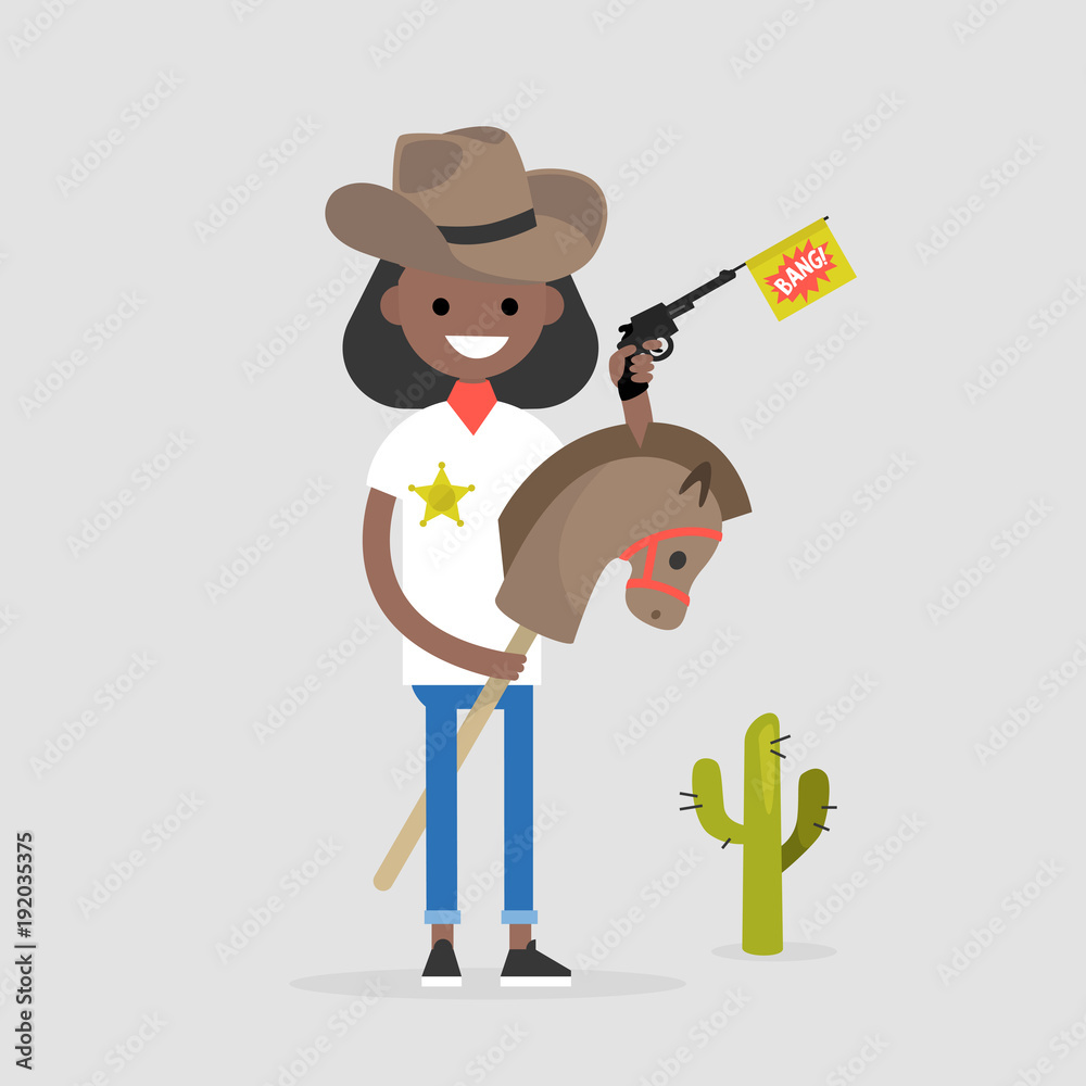 Young funny female sheriff riding a hobby horse. Cosplay. Cowgirl. Wild West / Flat editable vector illustration, clip art