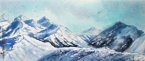 Obraz na płótnie Halna zima śniegu szczytu akwarela w błękitnym brzmieniu na białym tle