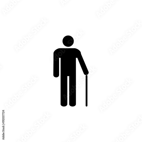 Standing old man silhouette with a walking stick, restroom sign. Black on white background. Flat design. Vector illustration.