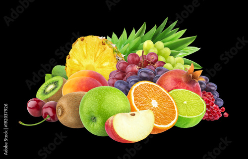 Fototapeta Naklejka Na Ścianę i Meble -  Different fruits and berries isolated on black background