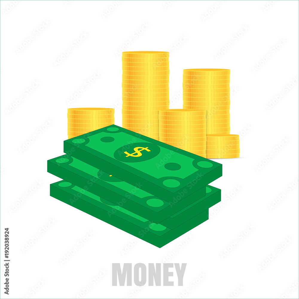 Stacks of paper money and stacks of gold coins. Green dollars. The concept of financial well-being. Vector illustration