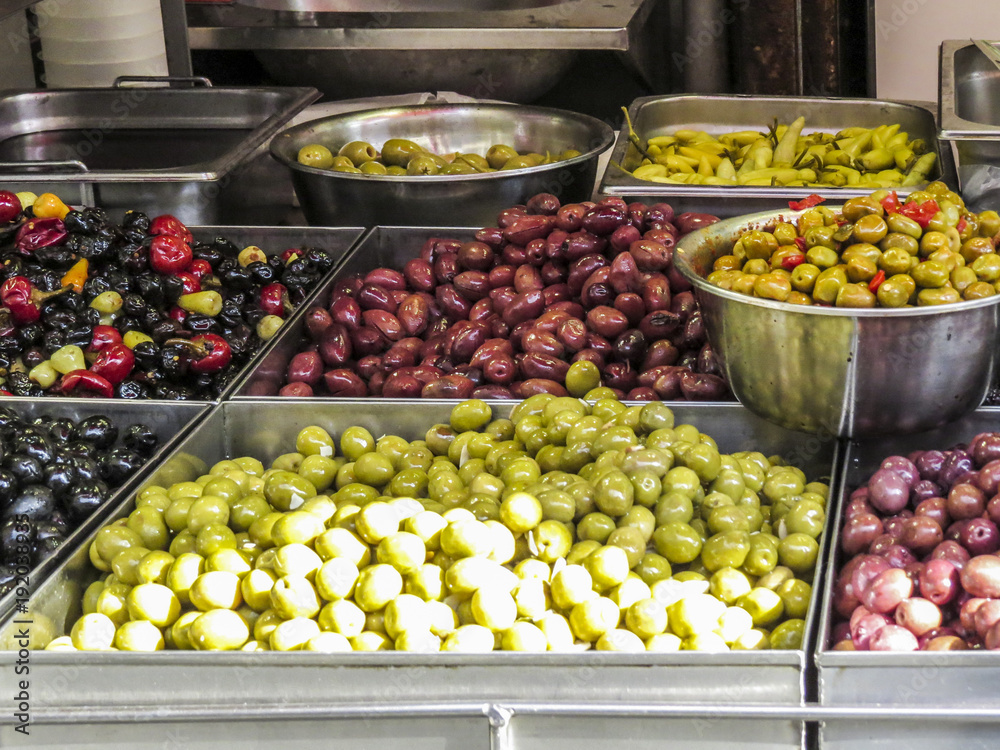 Jerusalem, Israel -   Olives in the Machane Yehuda Market in Jerusalem