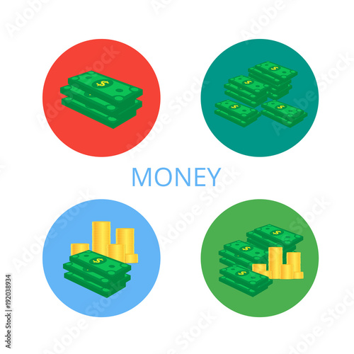 A set of icons in a flat style. Stacks of paper money and a pile of gold coins. Green dollars. The concept of financial well-being. Vector illustration