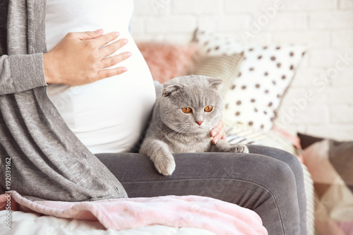 Pregnant young woman with cute pet cat on bed at home