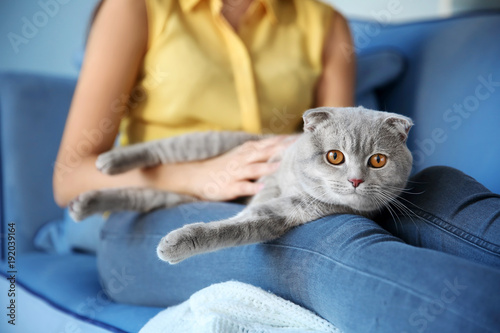 Fototapeta Naklejka Na Ścianę i Meble -  Young woman with cute pet cat at home