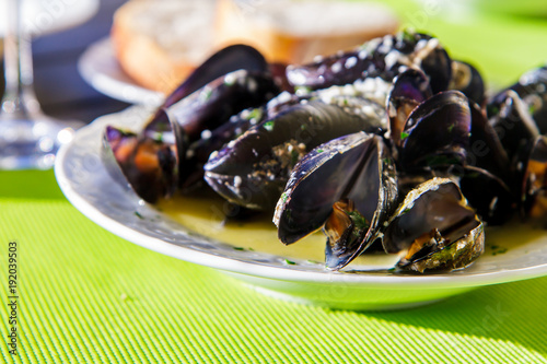 Mussels in white bouzar sauce. Croatian cuisine side view